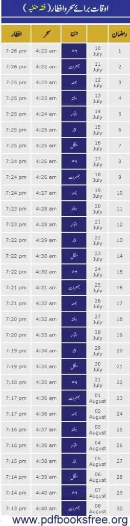 Ramadan 2013 Timetable Fiqh Hanfi in Pakistan