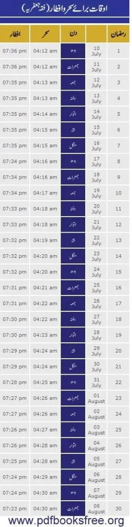 Ramadan 2013 Timetable Fiqh Hanfi in Pakistan